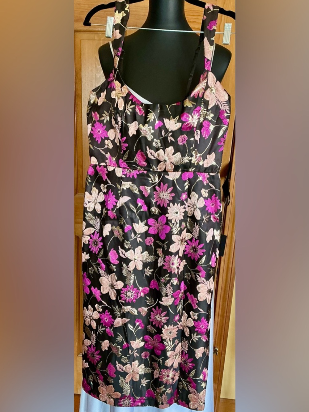 Lulu's Black Midi Dress with Pink and Cream Floral Embroidery